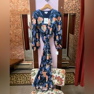 Tanya Taylor Blue and Peach Floral Long Sleeve Dress